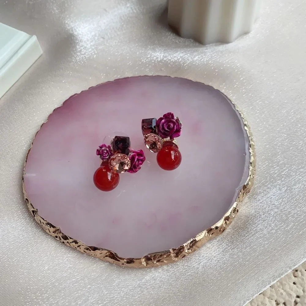 Handmade Burgundy Rose Flower Earring Studs